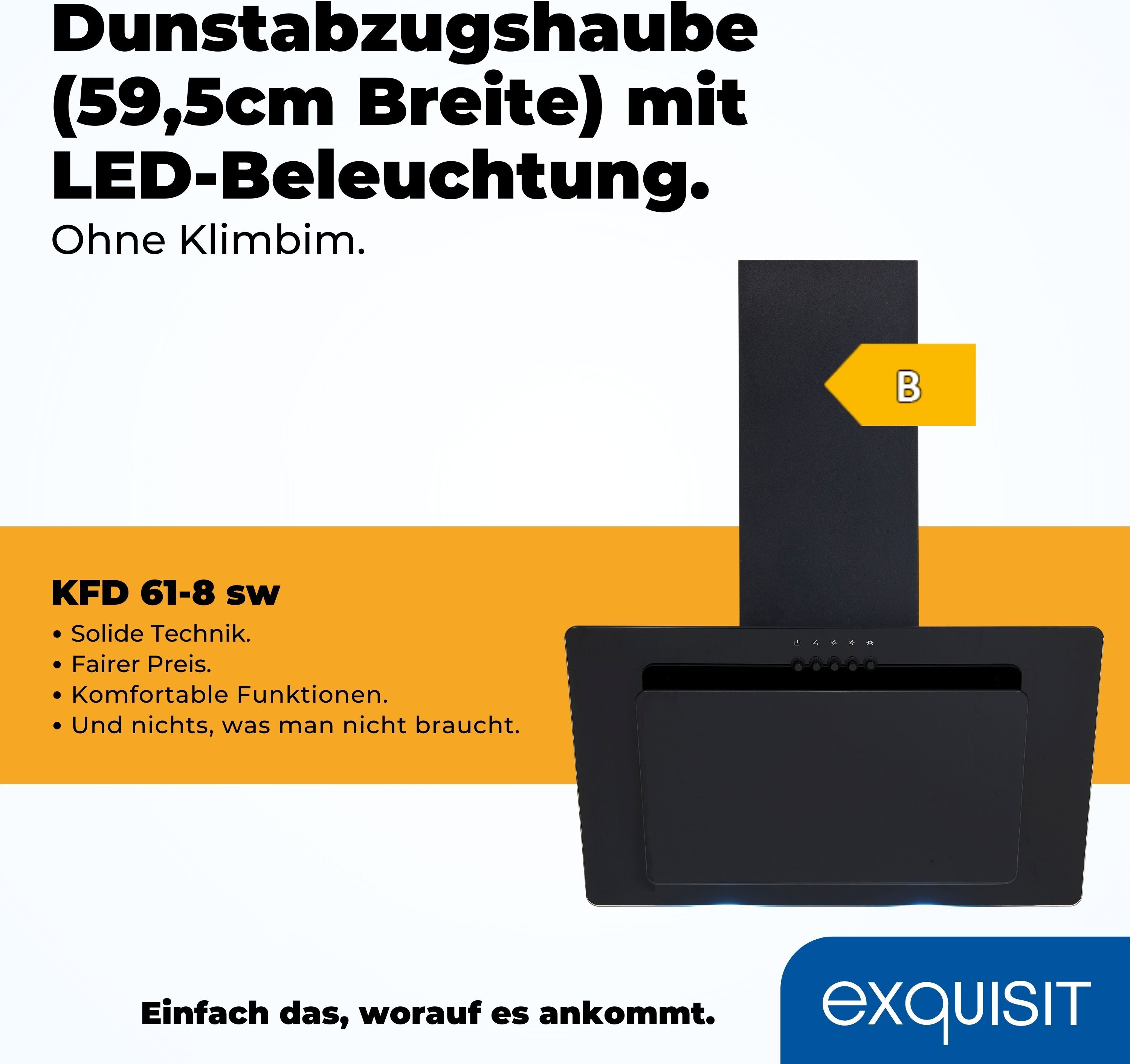 EXQUISIT Kopffreihaube "KFD 61-8sw", Energieeffizienz: B, silber (schwarz), B:59,5cm H:101,1cm T:30,1cm, Dunstabzugshauben, Kopffreihaube – mehr Bewegungsfreiheit über dem Kochfeld, Kopffreihaube