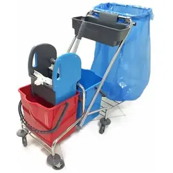 Reinigungswagen RMV Doppelfahrwagen Multi 2 x 18 L mit Ablage und Müllsackhalterung, Profi Doppelbacken Presse