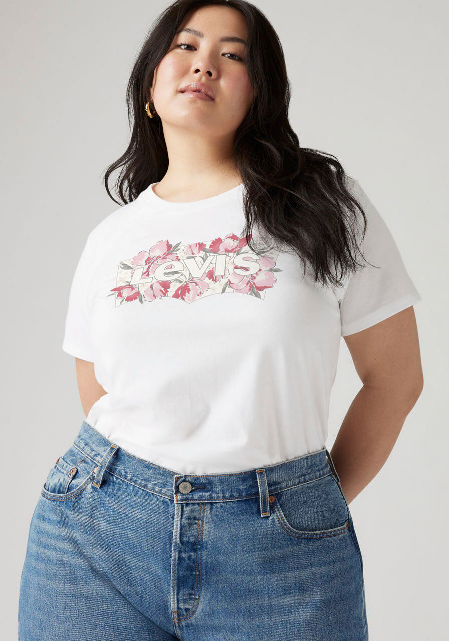 T-Shirt LEVI'S PLUS "PL PERFECT TEE", Damen, Gr. XL (46/48), plus blake brushstroke bw fill hellweiß, Single Jersey, Obermaterial: 100% Baumwolle, Shirts T-Shirt plus blake brushstroke bw fill hellweiß XL (46/48)