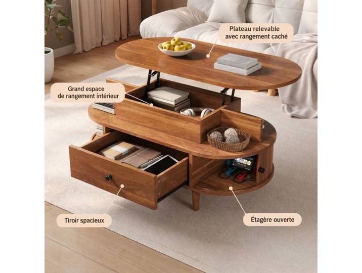 Table basse ovale relevable en MDF rangement intégré finition noyer Norevia