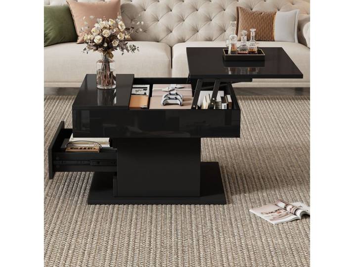 Table basse carrée noire brillante relevable avec tiroir et plateau rotatif