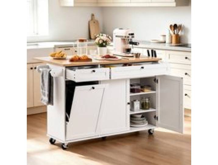 VEVOR Kücheninselwagen 153 cm breiter mobiler Küchenwagen mit Rädern & Klappplatte & 2 Schubladen & Mülleimerschrank & Messerhalter & Gewürzregal & Handtuchhalter, Tisch für Esszimmer, Speisekammer