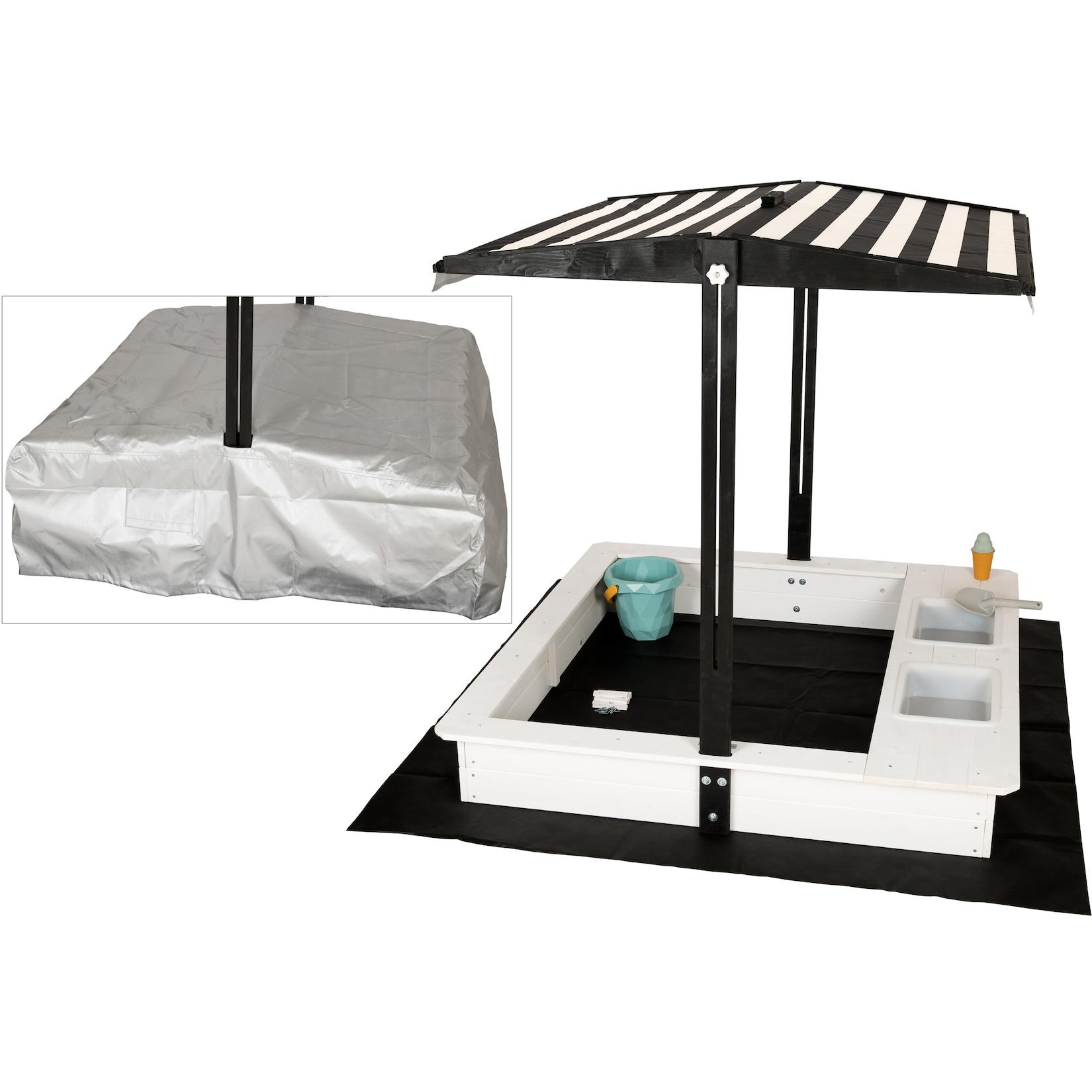 WONDERMAKE® Design Sandkasten mit Matschküche , Dach , Abdeckung OXFORD 420D , Vliesfolie , Sandkiste Holz quadratisch verschließbar Outdoor Garten für Kinder , schwarz weiß