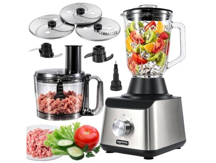 1500W Küchenmaschine und Mixer Kombination, 2,5L Zerkleinerer für Fleisch, Gemüse und Teig, 2L Standmixer mit Glasbehälter, 2 Geschwindigkeitsstufen&Pulsfunktion für Smoothies, Saft usw.