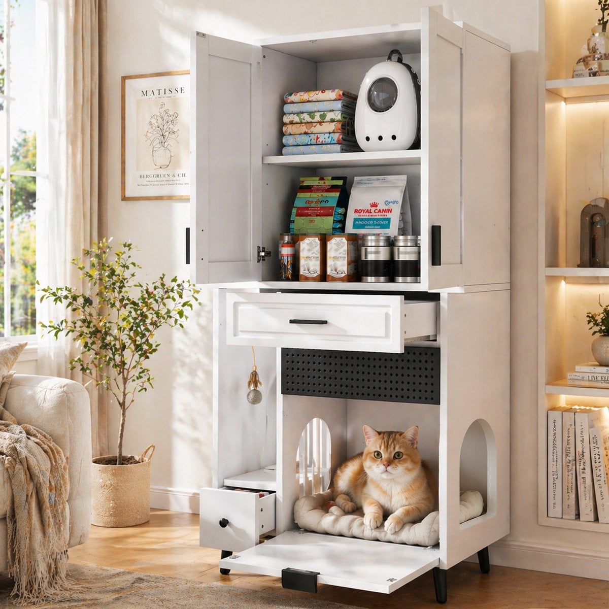 Kattenkast met opbergruimte, kattenhuisje, lade en verstelbare planken, wit