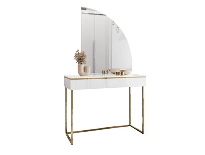 Lookway Schminktisch Aurora-Q Gold Weiß Glänzend, Goldenes Gestell, LED-Spiegel, Luxuriöses Design (Spiegel Rechts)