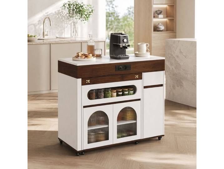 ROVRYN Îlot central mobile avec table extensible prises intégrées portes vitrées et tiroir blanc noyer