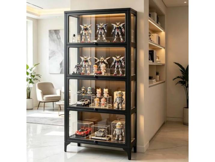 HLTQL Vitrinenschrank Sammlervitrine Glasvitrine 4 Schrank Mit Glastüren Vitrinenschrank Vitrine Glas Klein Stehend Schwarz Wohnzimmer Küche Eckvitrine Display Case Glasschrank