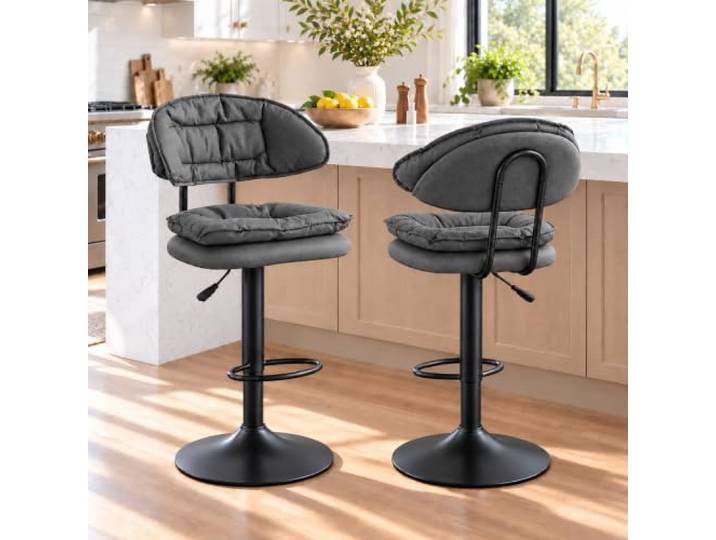 JS Ellie 2er-Set Drehbare Barhocker mit Rückenlehne, Ergonomisches Design Gepolsterter Stoffbezug, Höhenverstellbar, Für Kücheninseln, Bars, Cafés und Restaurants(Dark Knight,set of 2)