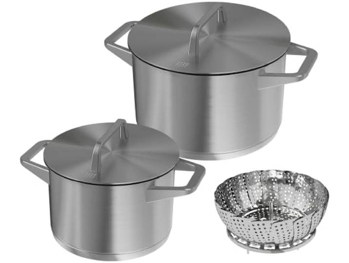 BORA KWPAP4 Topfset Assist 5-Teilig, aus Edelstahl, 3,5 Liter & 5,5 Liter Fassungsvermögen, mit Gareinsatz, Kippdeckel, Induktionsgeeignet, Spülmaschinengeeignet, Silber