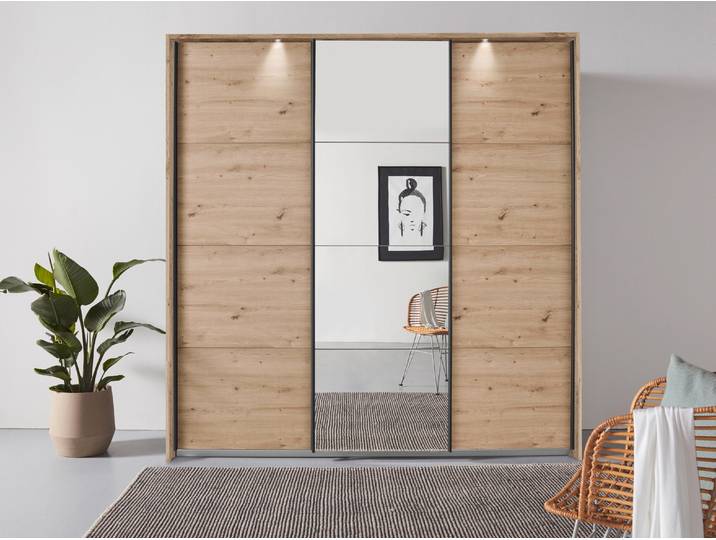 Schwebetürenschrank, Braun, 211x233x68 cm, Holzwerkstoff, Mit Mittelspiegel & Beleuchtung, Klassisch, Rauch
