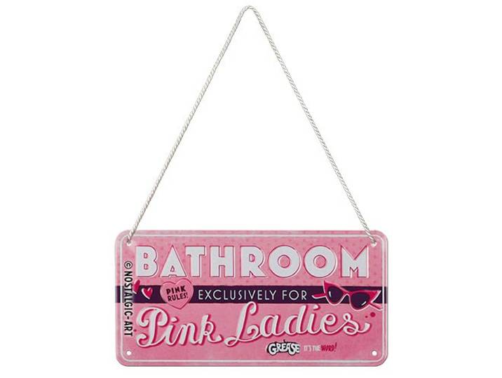 Nostalgic-Art Retro ophangbordje, 10 x 20 cm, Grease – Pink Ladies Bathroom – Cadeau idee voor film fans, Official License Product (OLP), van metaal, vintage design