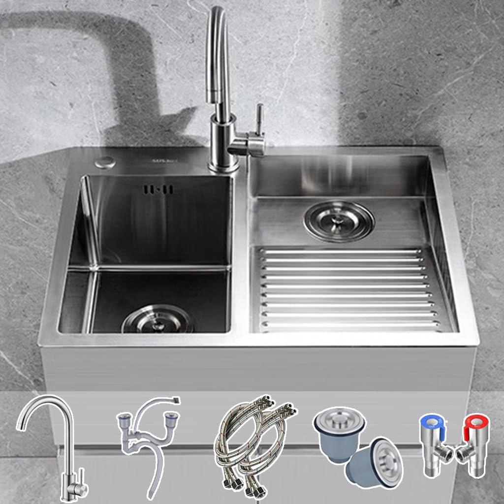 SUS304 Edelstahl Spüle Mit Waschbrett Multifunktionale Bar Spüle Haushalt RV Spüle Mit Großer Biege Hahn Für Waschraum Garage Keller Outdoor Und Indoor (Color: Silver, S: 60x48x21cm)