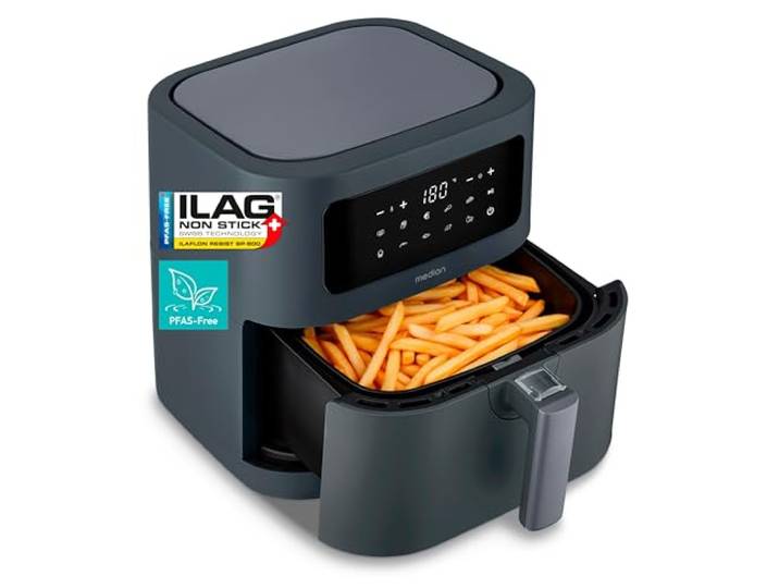 MEDION E40 XL Heißluftfritteuse (5,2 Liter, Airfryer, 2.150 Watt, 9 Automatikprogramme, Backfunktion, ölfreies Frittieren, Touch Bedienfeld, LED Anzeige, ILAG PFAS-frei) matt grau