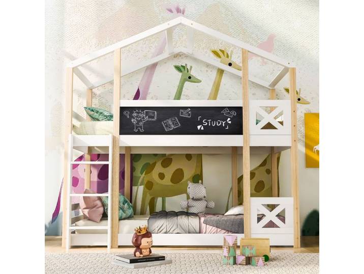 Lit Haut Cabane en Bois pour Enfants 90x200cm avec Échelle Barrière de Sécurité
