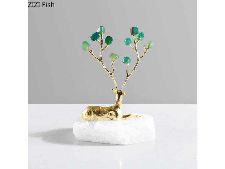 Statue de cerf doré en bois d'agate verte, décoration de bureau, Sculpture de cerf plaquée or, artisanat créatif, ornements, décor esthétique de salle