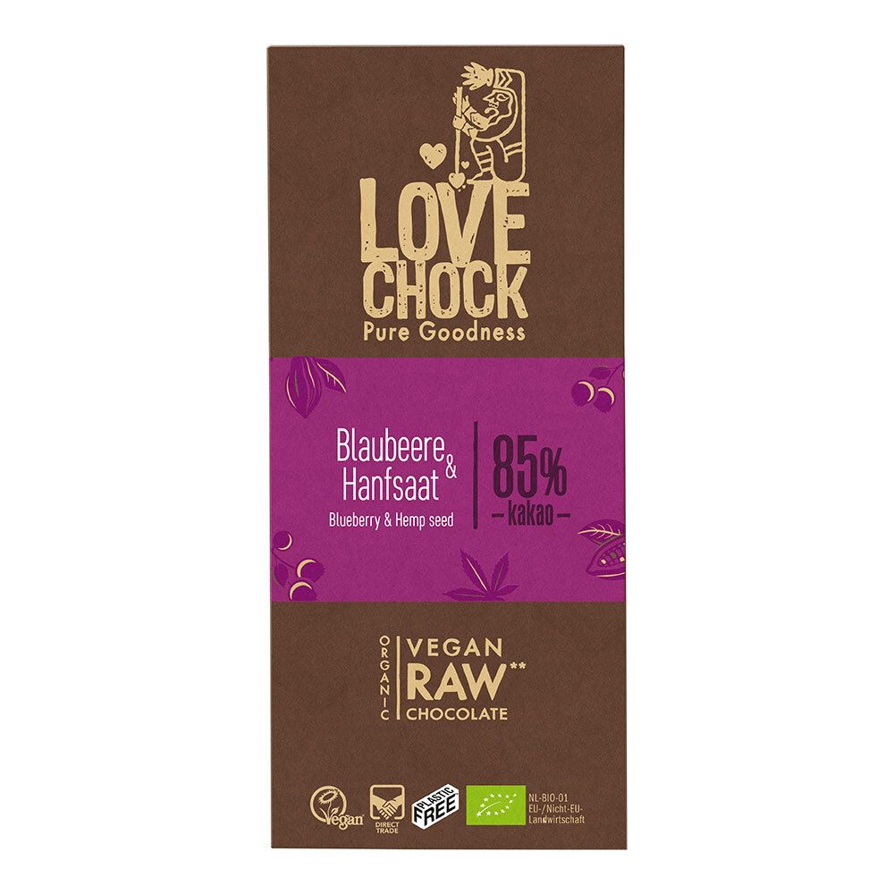 Lovechock Bio rohe Schokolade, Blaubeere-Hanfsaat 70 g Schokolade