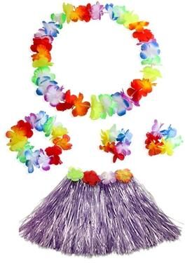 Useful Little Things Hawaiian Dance Child Skirt With Leis Costume 15.7 Inch Elastic Luau Grass Skirt Flower Bracelets Headband Necklace Set 5pcs Purple 15.7 In