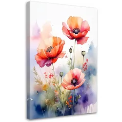 WANDBILD, Rote Mohnblumen pastellfarbene Feldblumen