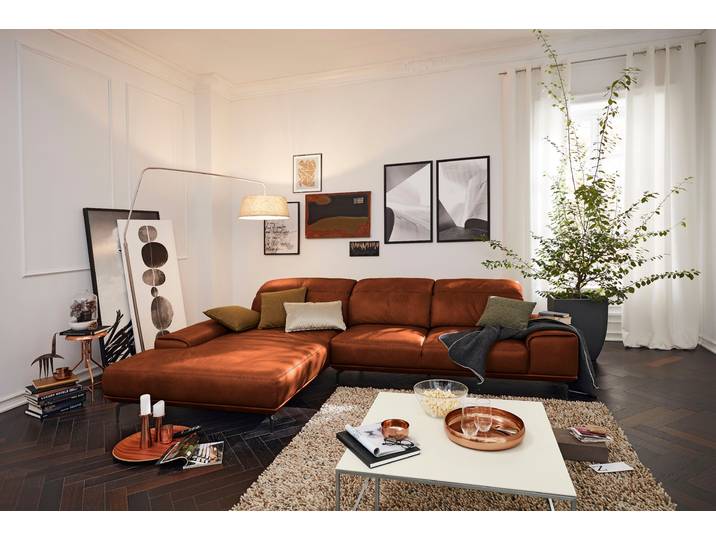 Wohnlandschaft, Cognac, 342x207 cm, Massivholz & Long-Life-Leder, Schenkel Rechts, Musterring