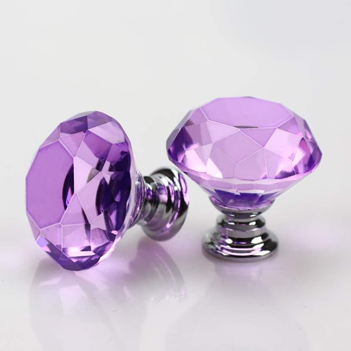 Set van 2 Kristallen Deurknoppen met Diamant Geslepen Design in Paars Zilver