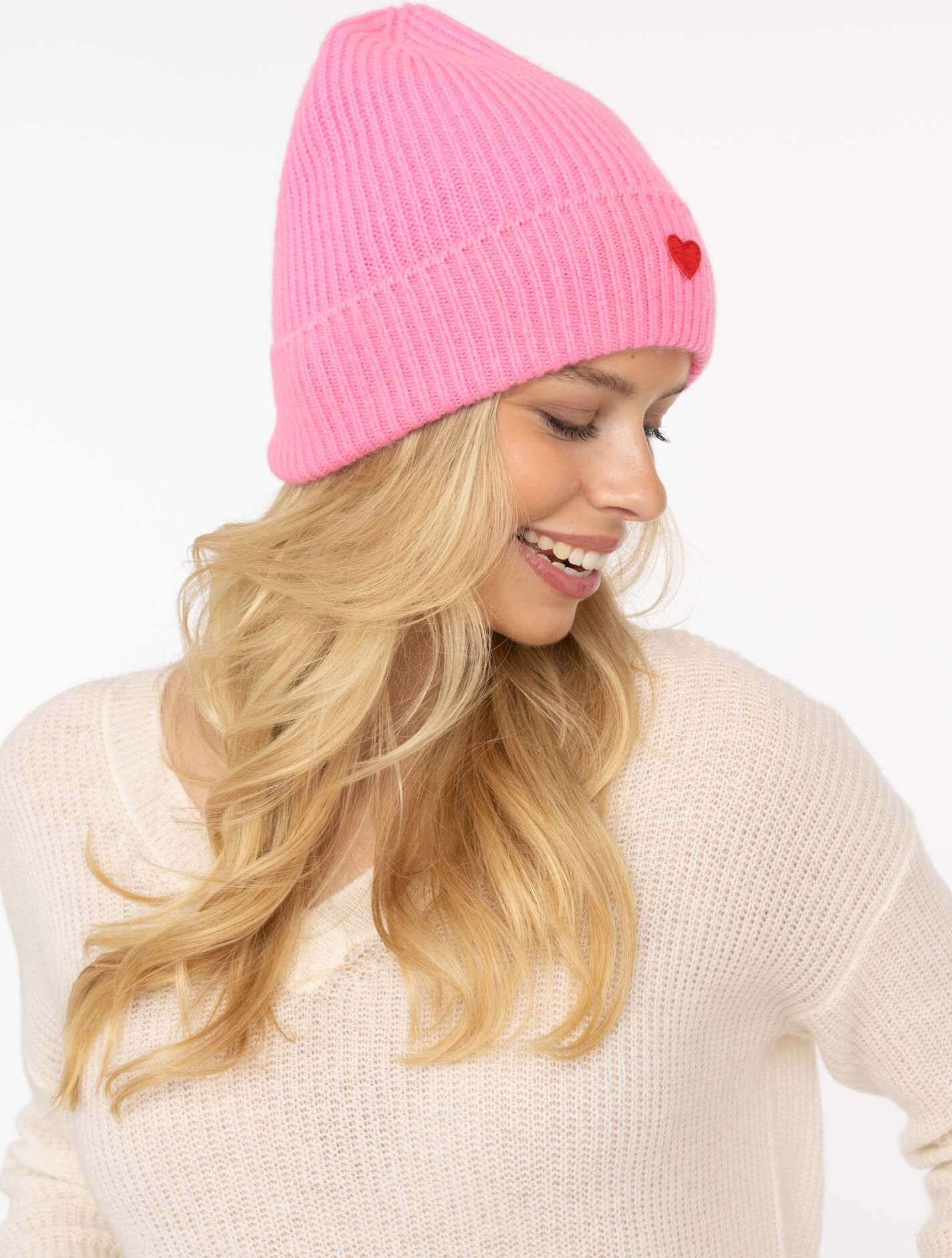 Beanie ZWILLINGSHERZ "Beanie with Heart-Patch", Damen, pink (bubblegum), Rippstrick, Wolle, unifarben, Mützen Beanie, Rippstrick, mit breitem Umschlag, wärmend bubblegum Einheitsgröße