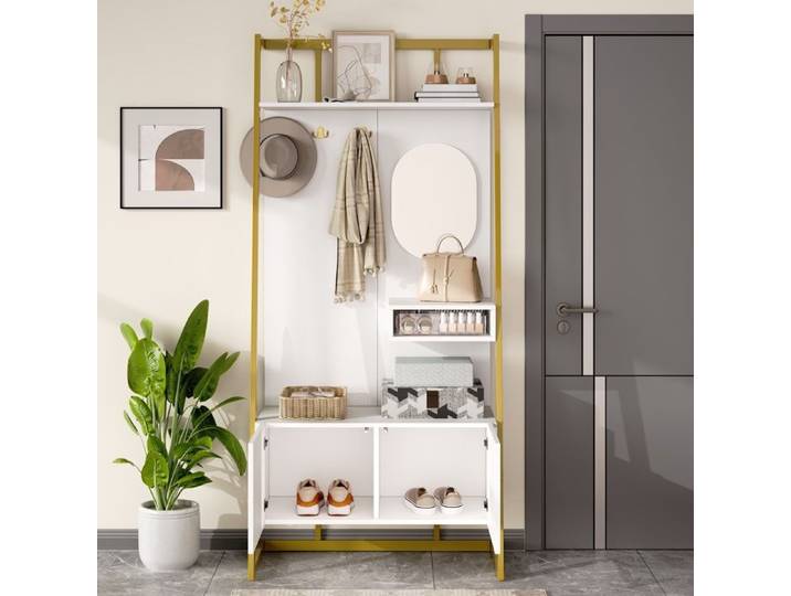 Porte-Manteau - DREAMMESPACE - Armoire compacte - Miroir - Crochets - Banc à chaussures - Blanc