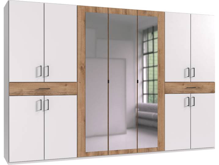 Drehtürenschrank, Weiß/Plankeneiche Nachbildung, 313x208x58 cm, Spanplatte, 11 Türen & 3 Spiegel, Modern, Wimex