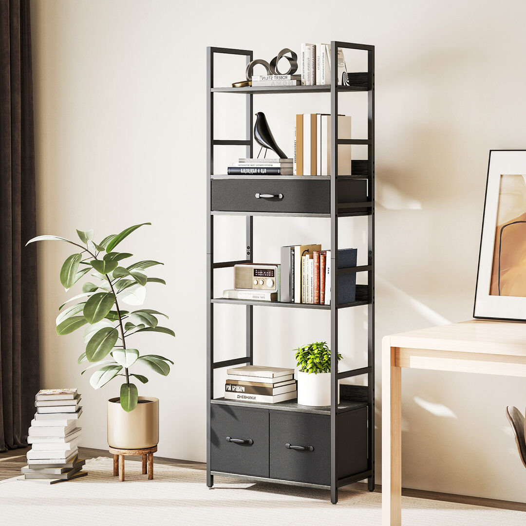 17 Stories HOMCOM Industrial Bookshelf with 4 Shelves and 3 Fabric Drawers Grey 176cm H X 60cm W X 30cm D