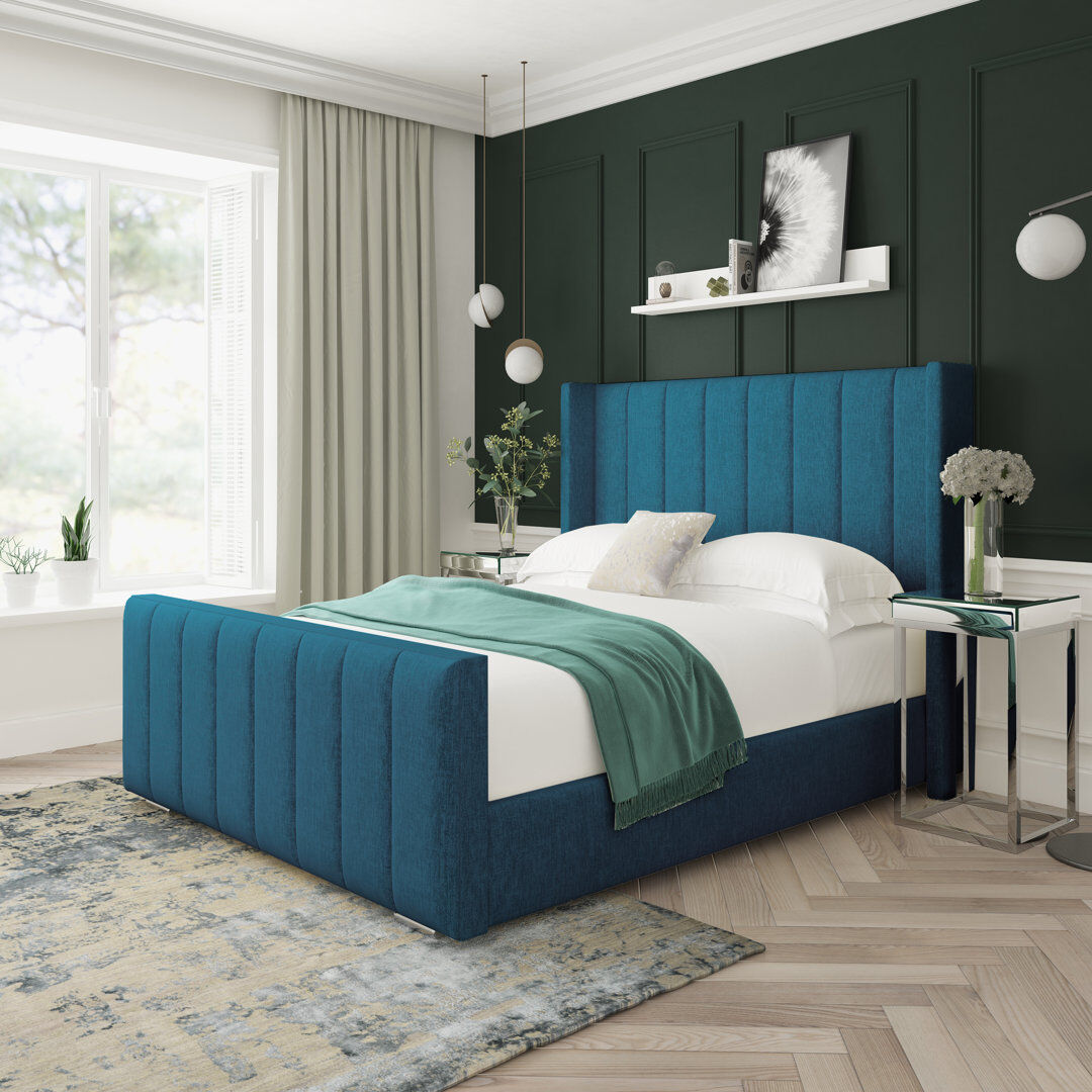 Lark Manor Willow Chenille Upholstered Bed Frame Teal Kingsize (5')