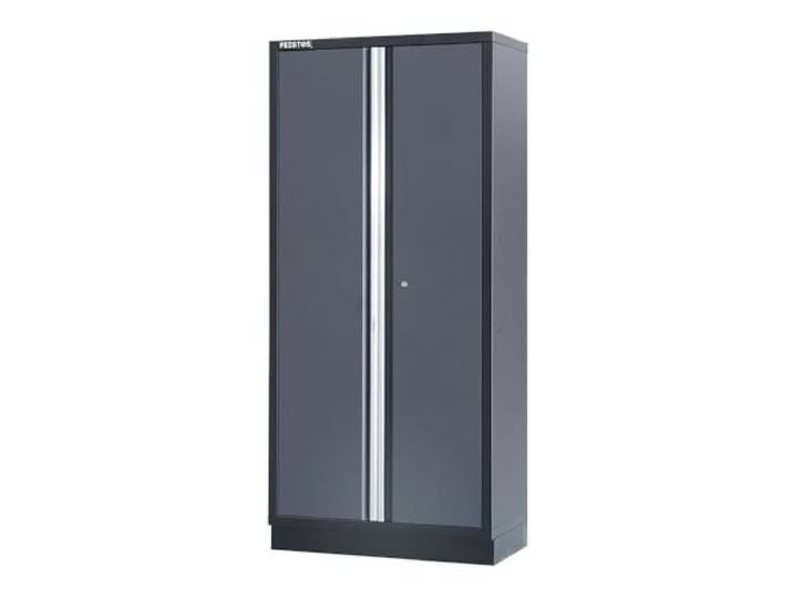 FEISTOS Werkstatteinrichtung Apollo Solo 2 46x92x200 cm Schwarz Werkbank Solo-Werkzeugschrank mit vier Einlegeböden, Zylinderschloss und glänzenden Metallleisten für moderne Werkstattoptik.