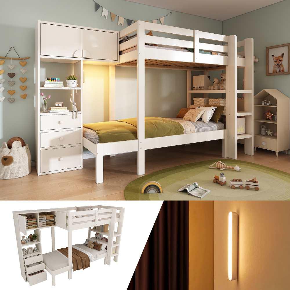 Weißes Etagenbett mit Nachtlicht: Versetztes Design, Schrank, Regal & Schubladen, großer Stauraum, konform mit EN747-1:2024, 90x200 cm