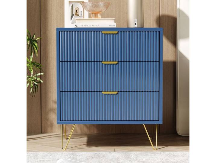 Buffet - LUMINARIX - Modèle 3 tiroirs - Bleu foncé - Pieds en métal - Design contemporain