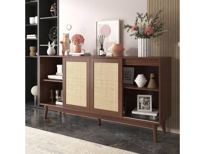 Buffet avec 3 portes coulissantes en rotin véritable et 2 tiroirs - SWEIKO - Couleur Bois(155x38x80 cm)
