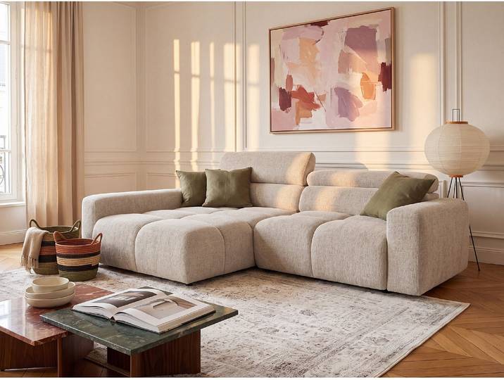 Ecksofa links mit elektrisch verschiebbarer Sitzfläche aus meliertem Stoff in Beige - RONILIA