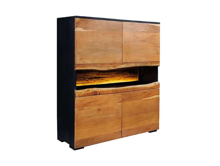 Design Highboard „Grand Acacia“ mit LED-Beleuchtung Akazienholz Natural, Schwarz Invicta Interiors