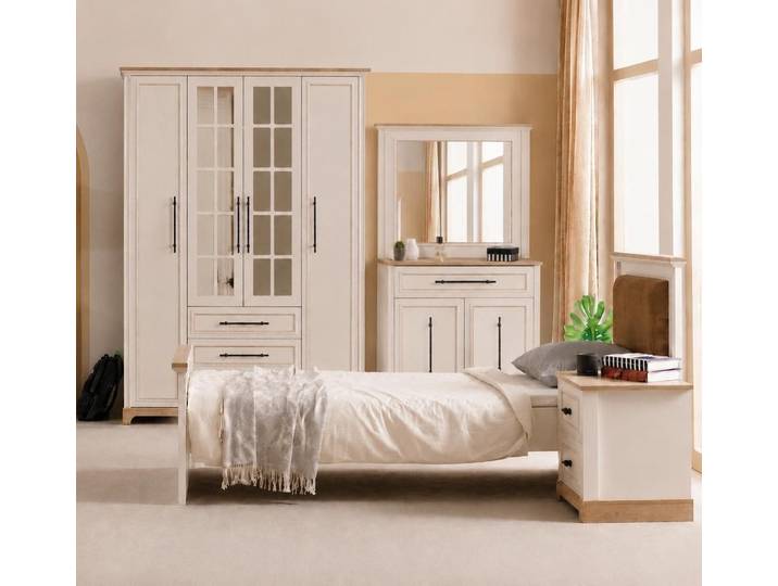Xlmoebel Jugendzimmer-Set Einzelbett Holzbett Beige Jugendbett Modern Landhaus Kopfteil Komfort, (Jugendzimmer-Set, 4-tlg., 4-tlg)