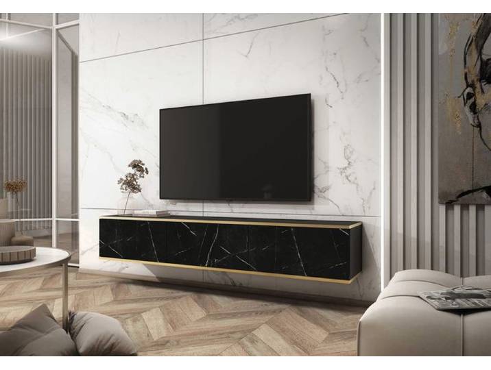Meuble TV - MUCALMA - 175 cm - marbre noir avec inserts dorés