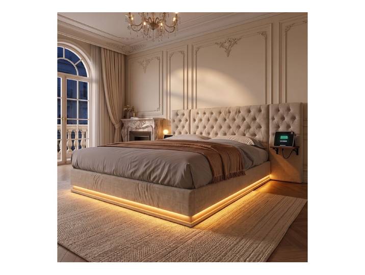 PXloue Polsterbett Modernes Polsterbett mit LED-Beleuchtung (Chesterfield-Design), Bettkasten, Ladefunktion, Leinen, 160x200 cm