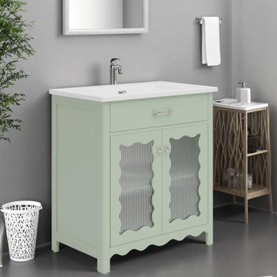 ZWYO HOSIMU "31"" Ceramic Sink Vanity with Tempered Glass Doors, Curved Profile, Soft-Close Storage Cabinet"