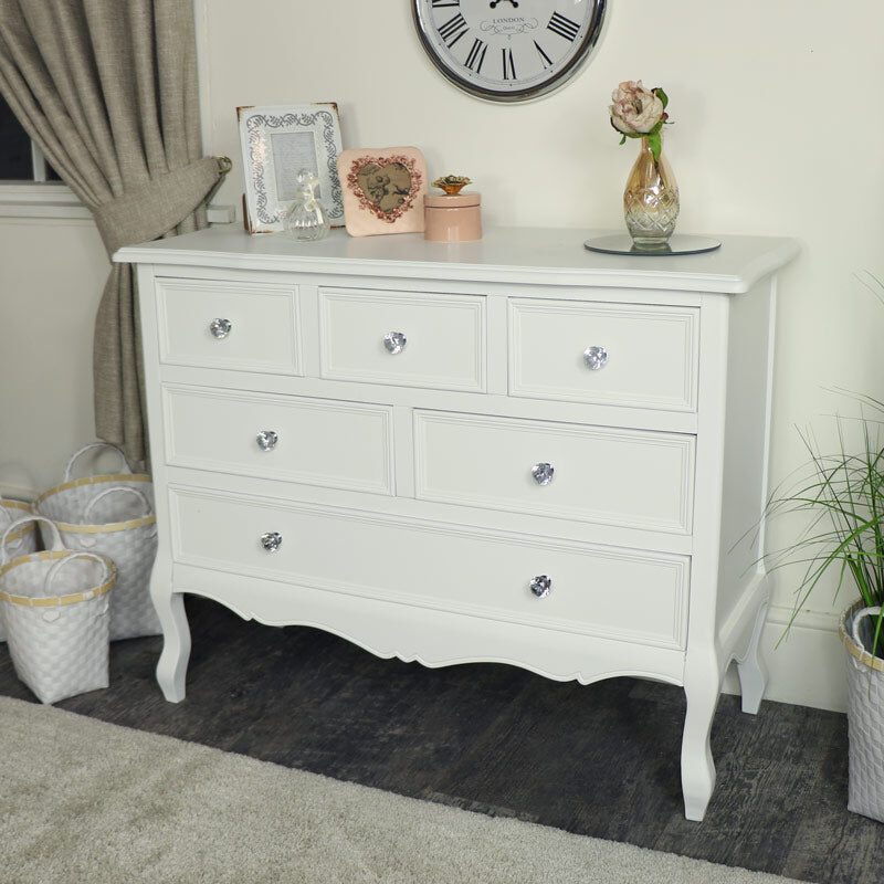 White Bedroom Furniture Large Chest of Drawers, Dressing Table Set & Pair of Bedside Tables - Victoria Range Wood, Glass, Fabric