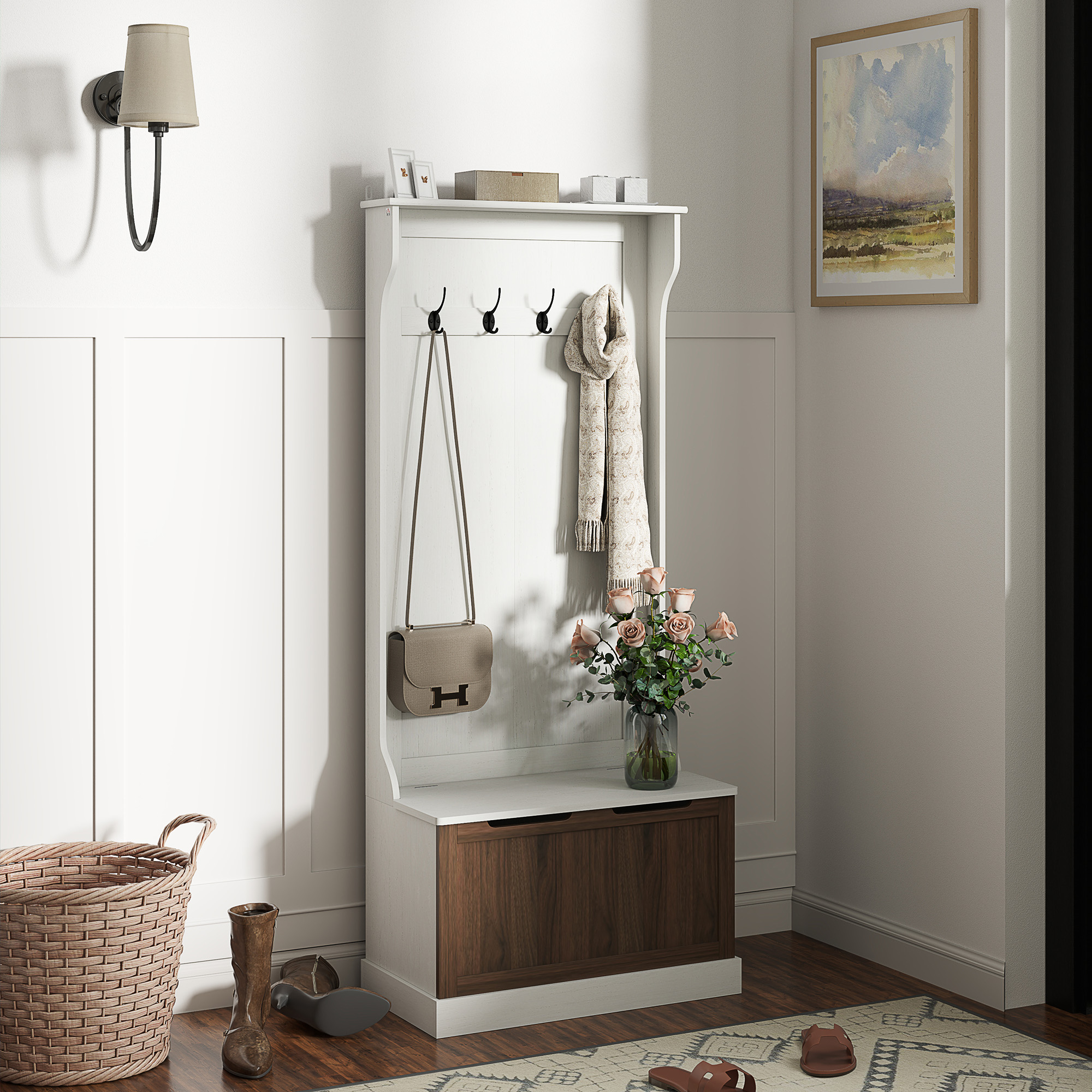 Homcom Mobile Appendiabiti 3 in 1 con 4 Ganci e Panca Contenitore, in Legno, 71.5x39.5x170 cm, Bianco