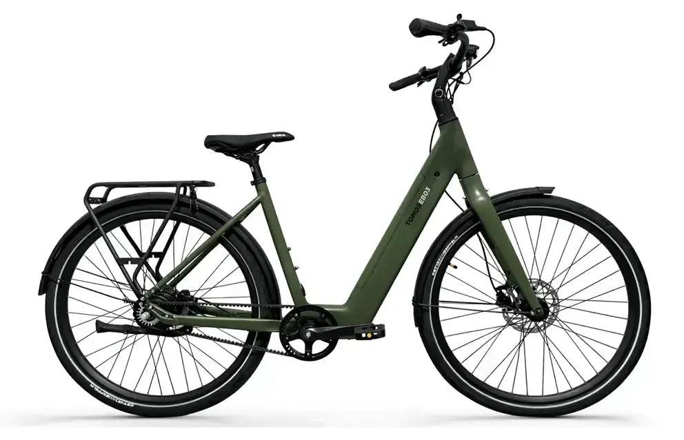 Tomos EB 03 - E-Bike - 28 Zoll - 250W Motor - 70 km Reichweite - 2-Gang Automatik - Hydraulische Scheibenbremsen - 360Wh Akku - Tiefeinsteiger - Olivgrün Matt