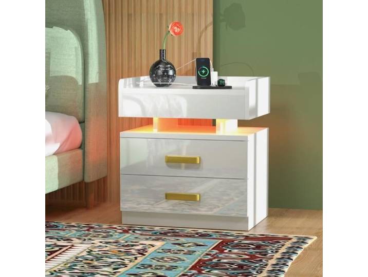 Table de Chevet LED Blanche Scandinave avec 2 tiroirs - VIVOLILV