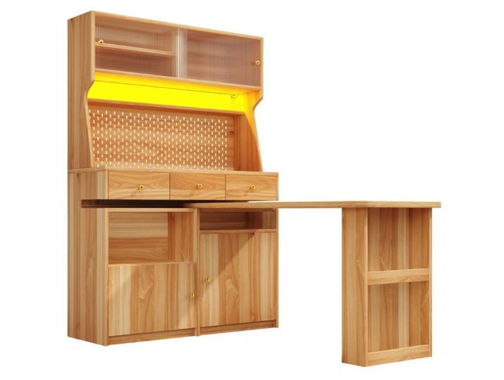 Vitrine haute avec bureau et table bar – LED connectée rangements – décor bois naturel