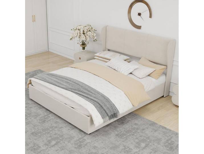Lit rembourré moderne beige avec tête de lit en velours sommier inclus