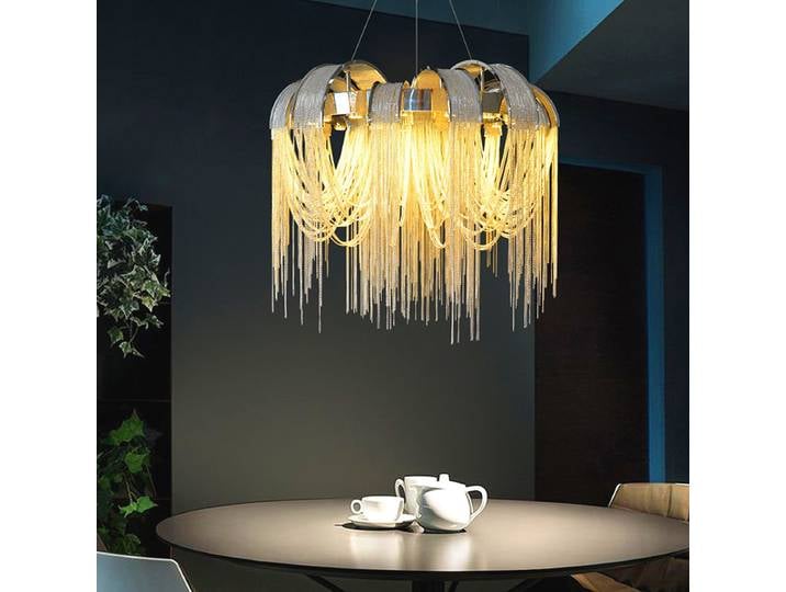 Lustre en chaîne d'aluminium de luxe nordique, design créatif postmoderne, rond à pampilles, pour hôtel, villa, salon et salle à manger