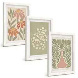 BILDER SET 3er Set - 20x30 cm Weißer Rahmen - Florale Boho-Muster