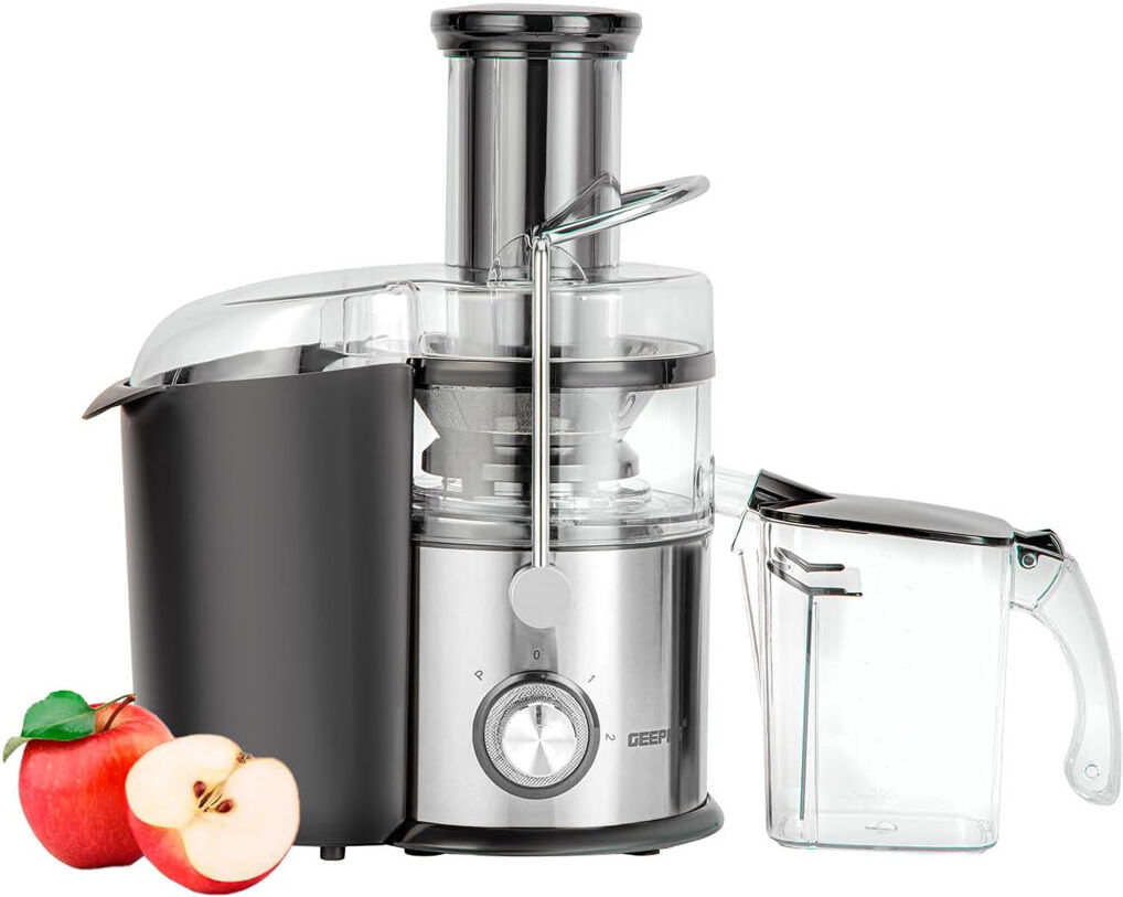 GEEPAS Juice Extractor, Centrifugal Juicer Machine - Whole Fruit & Vegetable Juicer - Stainless Steel Body & Extra Filter Basket - 75MM Wide Mouth wit Black 1L