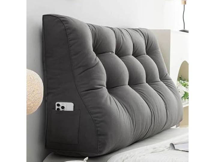 DEVINK Dreieckses Kopfteilkissen, Kopfteil Lesekissen,Flachs Kopfende Großes Rückenkissen Bequemes Und Rückenteil Im Bett,Rückenlehre Lesen Lendenkissen Für Sofa Bett(100×55×26cm,Grey)